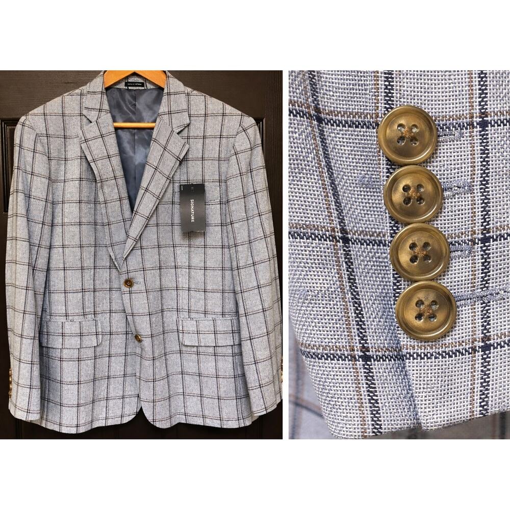 Stafford Signature Mens Sport Coat 46 Short Blue Windowpane‎ Linen Blend NWT